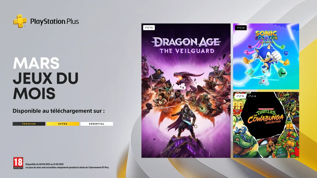 PS Plus : les jeux gratuits de mars 2025, à savoir Dragon Age 4, Sonic et TMNT.