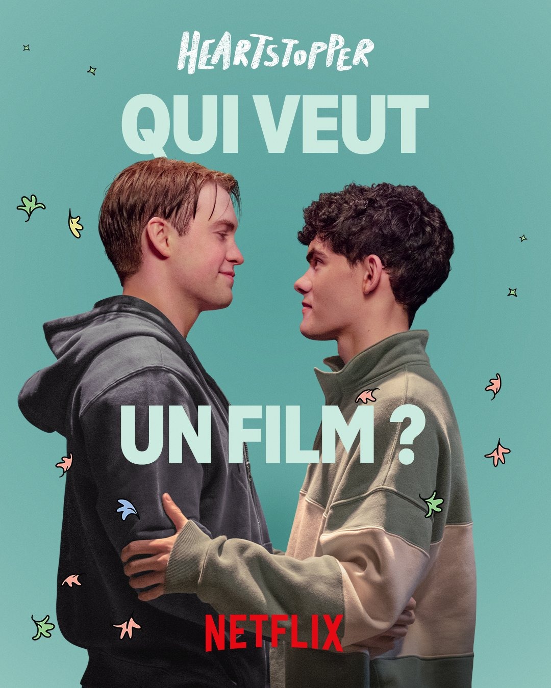 Poster qui annonce la sortie d'un film Heartstopper, au lieu d'une saison 4, qui sera la vraie conclusion de la série Netflix. On y voit Kit Connor (Nick Nelson) et Joe Locke (Charlie Spring).