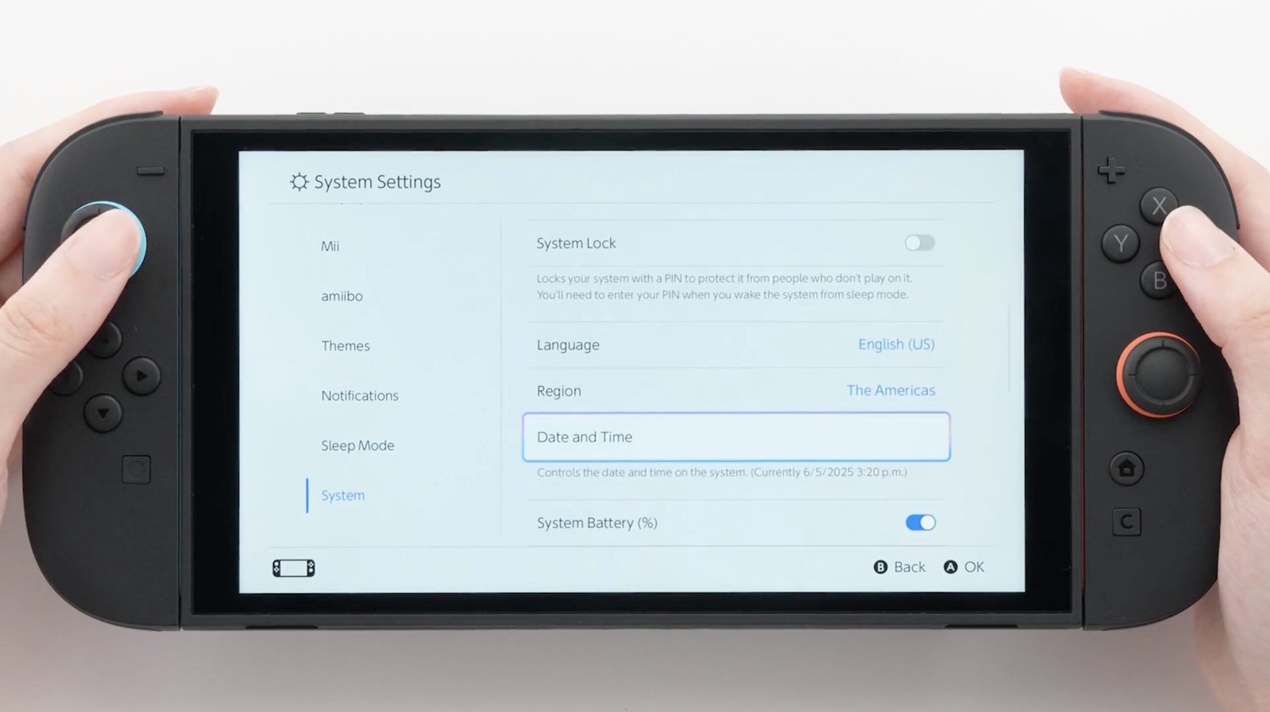 Écran des paramètres de la Nintendo Switch 2 affichant une option pour vérouiller la console.