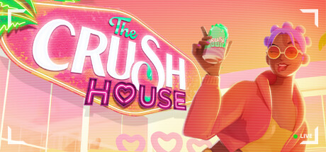  Une jeune femme aux cheveux roses, vêtue de vêtements roses et portant des lunettes de soleil, sourit en faisant un clin d'œil, en tirant la langue et en tenant une canette de soda. Le titre du jeu « The Crush House » est écrit derrière elle sur un immense panneau.