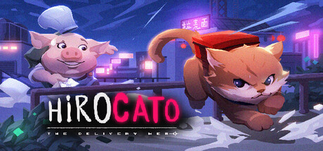 Un chat roux sérieux commence à courir, un sac derrière lui. Un chef cochon souriant le regarde. Le titre du jeu « HiroCato: The Delivery Hero » est écrit sur l'image