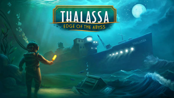 Une femme en combinaison de plongée éclaire son chemin vers un bateau abandonné au fond de l'océan. Le titre du jeu « Thalassa : Edge of the Abyss » est écrit sur l'image.