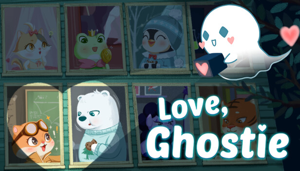 Un petit fantôme mignon éclaire de la lumière en forme de cœur un petit lapin humanisé et un petit ours blanc humanisé. D'autres animaux adorables sourient autour d'eux. Le titre du jeu « Lost, Ghostie » est écrit sur l'image.