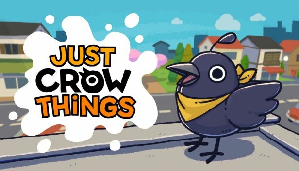 Un petit corbeau mignon sur le toit d'un bâtiment dans une ville. Le titre du jeu « just crow things » est écrit sur l'image.